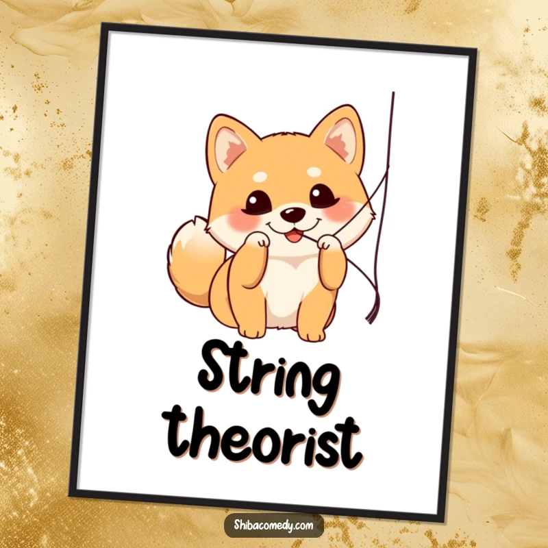 Funny Shiba Inu digital art print showing a dog with bright eyes batting a string, capturing playful energy for your walls.