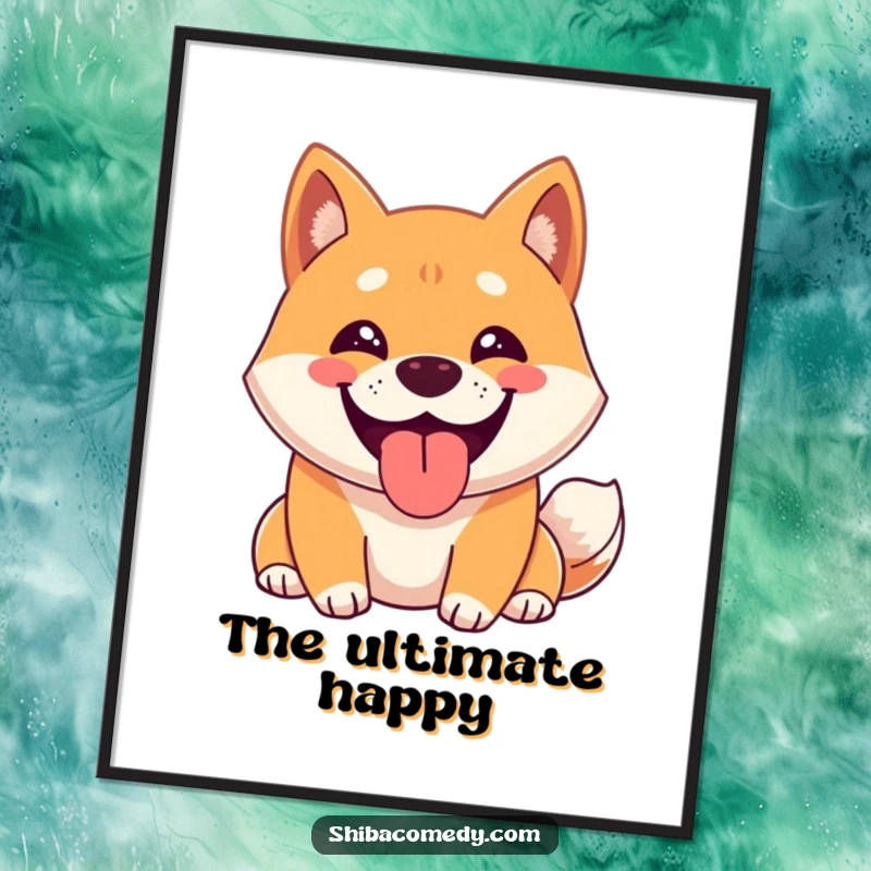 Funny Shiba Inu Digital Art Print of a happy Shiba Inu character with a wide grin, panting playfully, radiating pure canine joy.