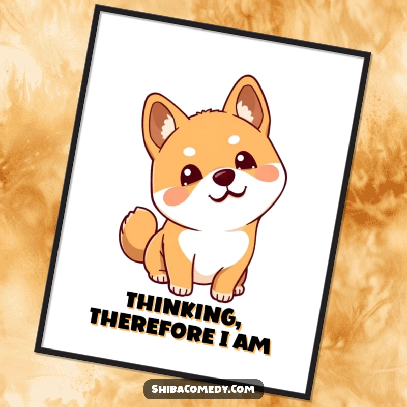 Funny Shiba Inu digital art print depicting a dog tilting its head with perked ears, offering instant humorous decor.