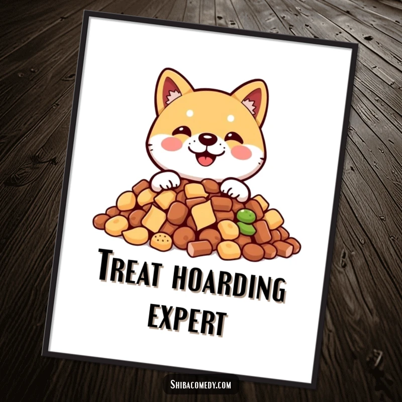Funny Shiba Inu digital art print of a smiling dog peeking from behind a glorious pile of treats, full of humor.