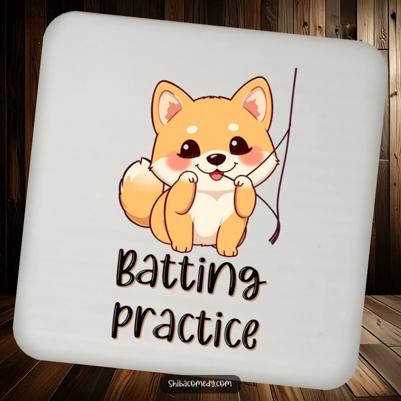 Funny Shiba Inu coasters depicting a dog playfully batting at a dangling string, adding a humorous touch to any table.