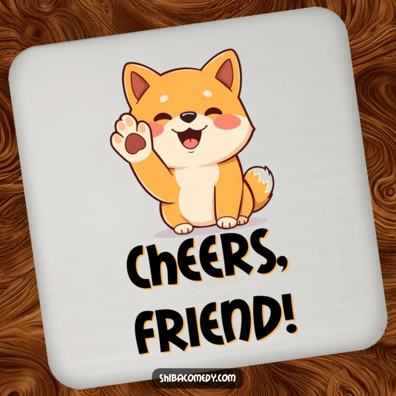 Funny Shiba Inu drink coasters with a cheerful dog raising its paw in a greeting, adding charm.