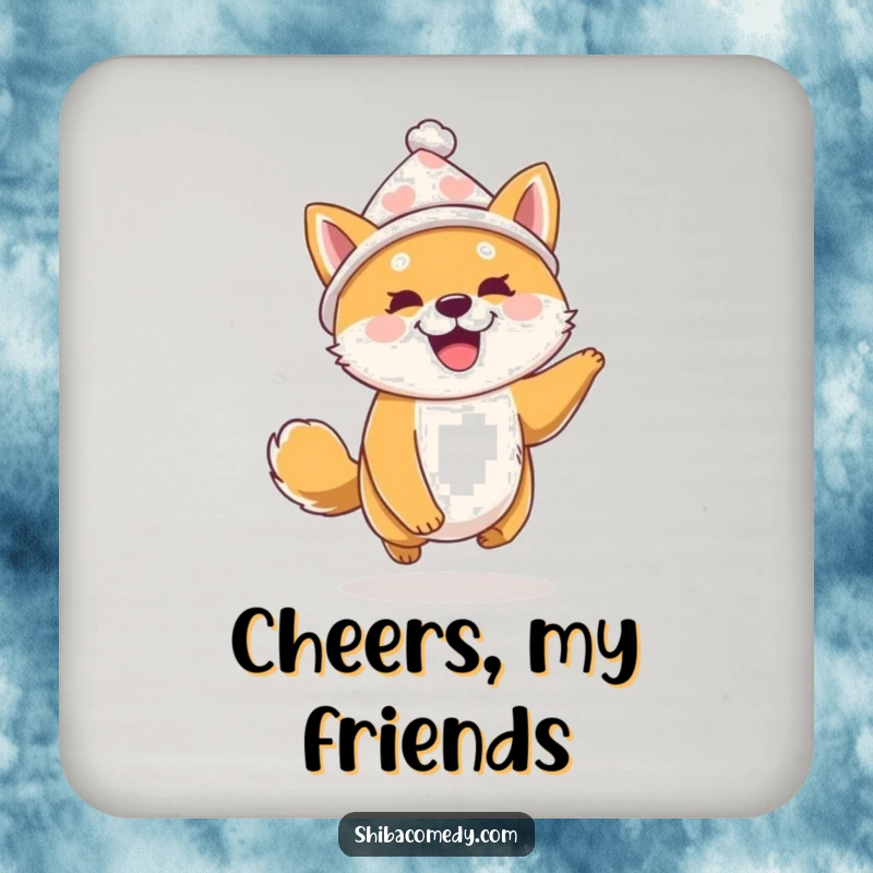 Funny Shiba Inu Coaster: A Shiba Inu wearing a tiny hat bounces with excitement, bringing humor and protection to drink surfaces.