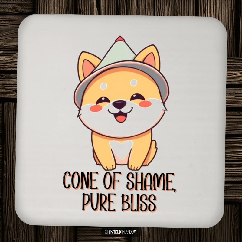 Funny Shiba Inu happily sporting a cone hat, a humorous coaster to protect surfaces.
