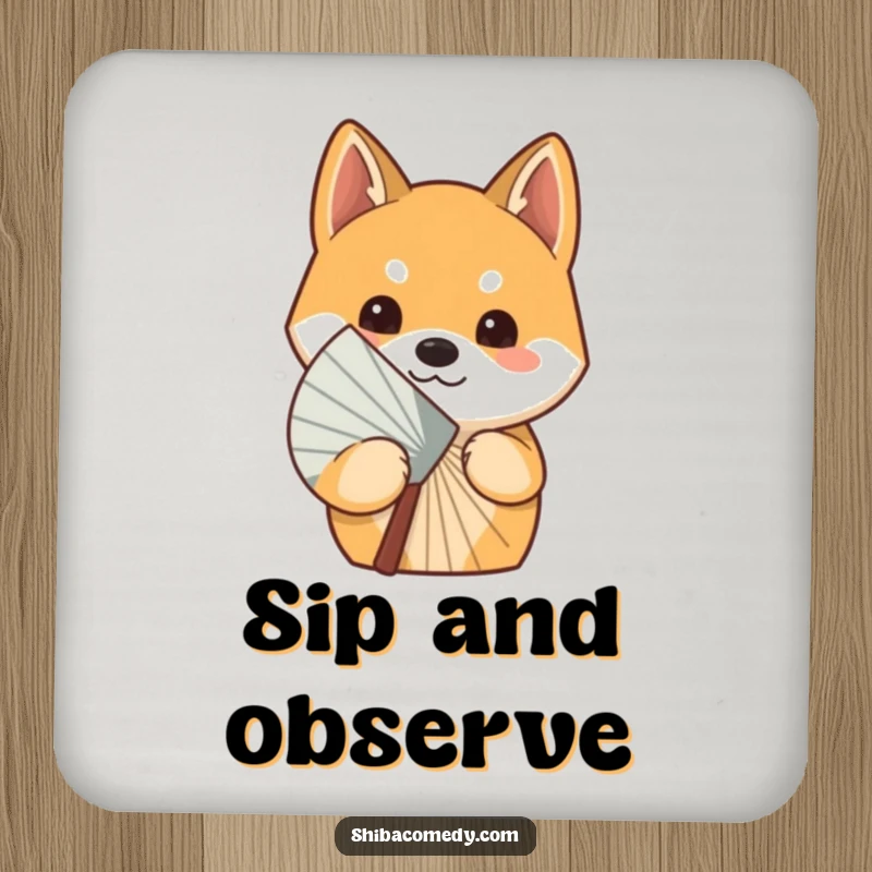 Funny curious Shiba Inu dog peeking from behind a fan on a drink coaster, bringing playful doggy mystery to any surface.