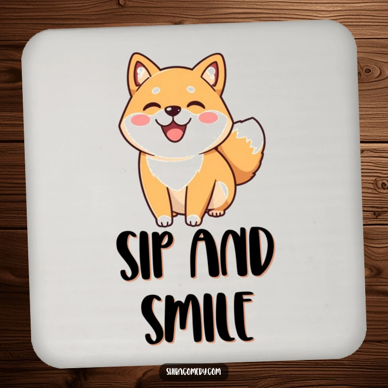 Funny happy Shiba Inu dog with a big smile and wagging tail on a drink coaster, bringing cheerful doggy vibes to any surface.