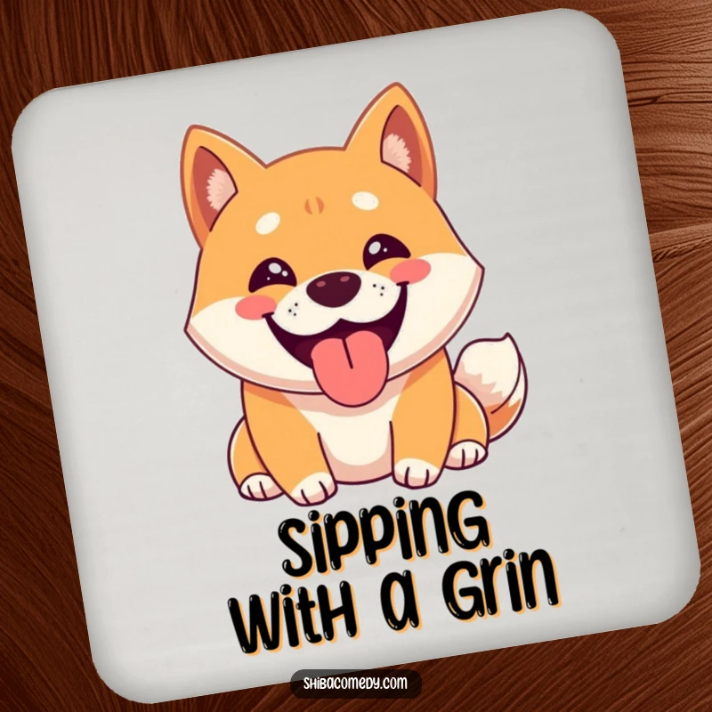 Funny Shiba Inu Coasters depicting a happy Shiba Inu character with a wide grin, panting, perfect for protecting surfaces humorously.