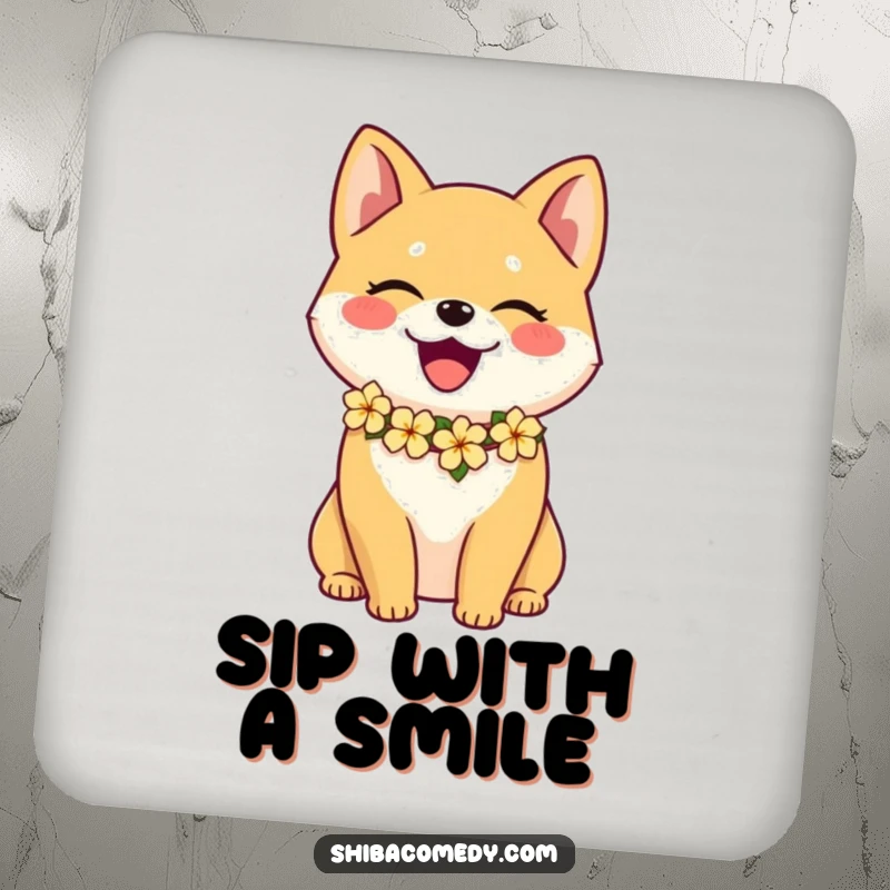 Funny Shiba Inu coaster featuring a happy dog wearing a colorful flower lei, protecting surfaces with tropical charm.