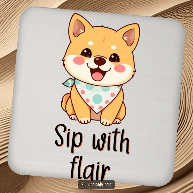 Funny Shiba Inu Coaster Set with a cheerful dog wearing a bandana, protecting surfaces with humor and style.