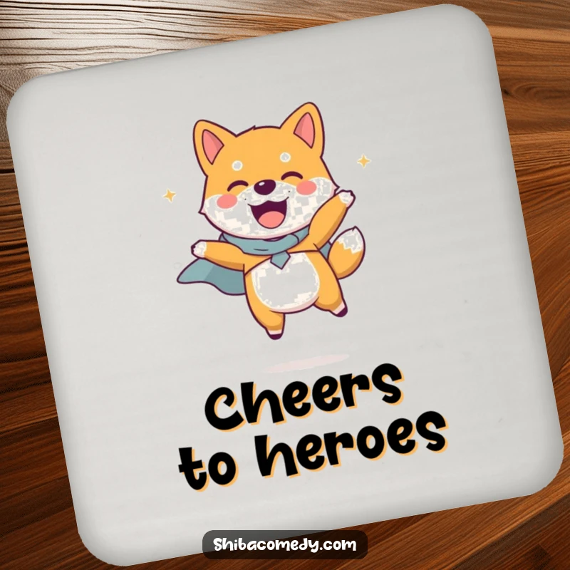 Funny Shiba Inu dog wearing a tiny cape, leaping joyfully on a drink coaster, bringing heroic canine energy to any surface.