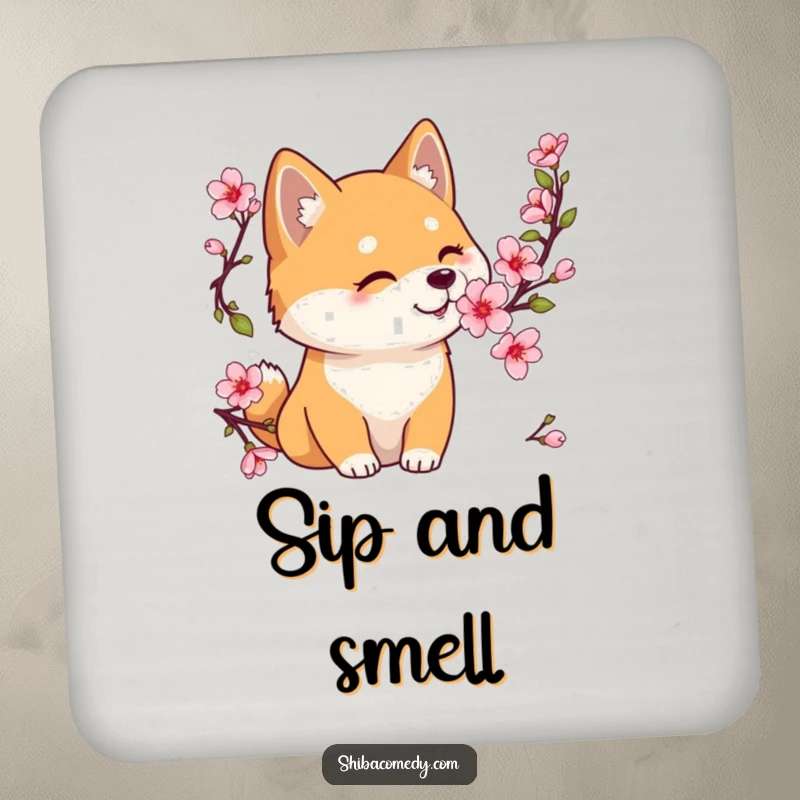 Funny Shiba Inu drink coaster featuring a gentle dog sniffing a cherry blossom, adding a touch of serene humor.