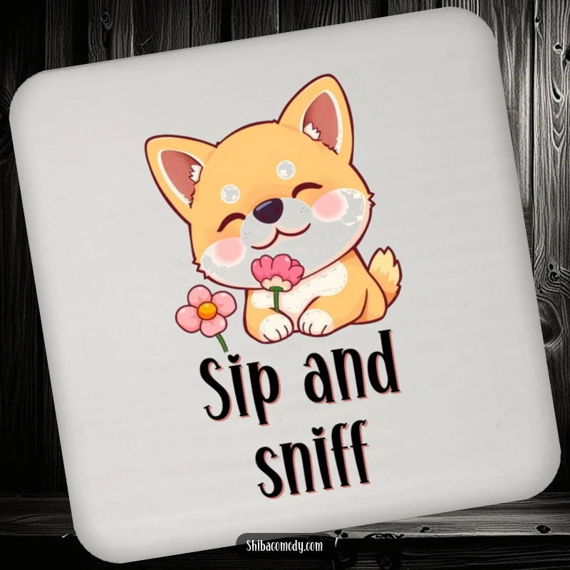 Funny drink coaster featuring a Shiba Inu dog curiously sniffing a flower, adding charm and protection to your surfaces.