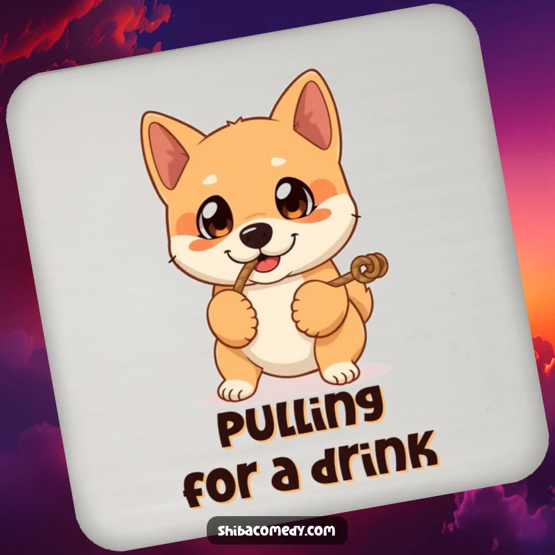 Funny drink coaster featuring a Shiba Inu dog with expressive eyes playing tug-of-war, adding playful charm and surface protection.