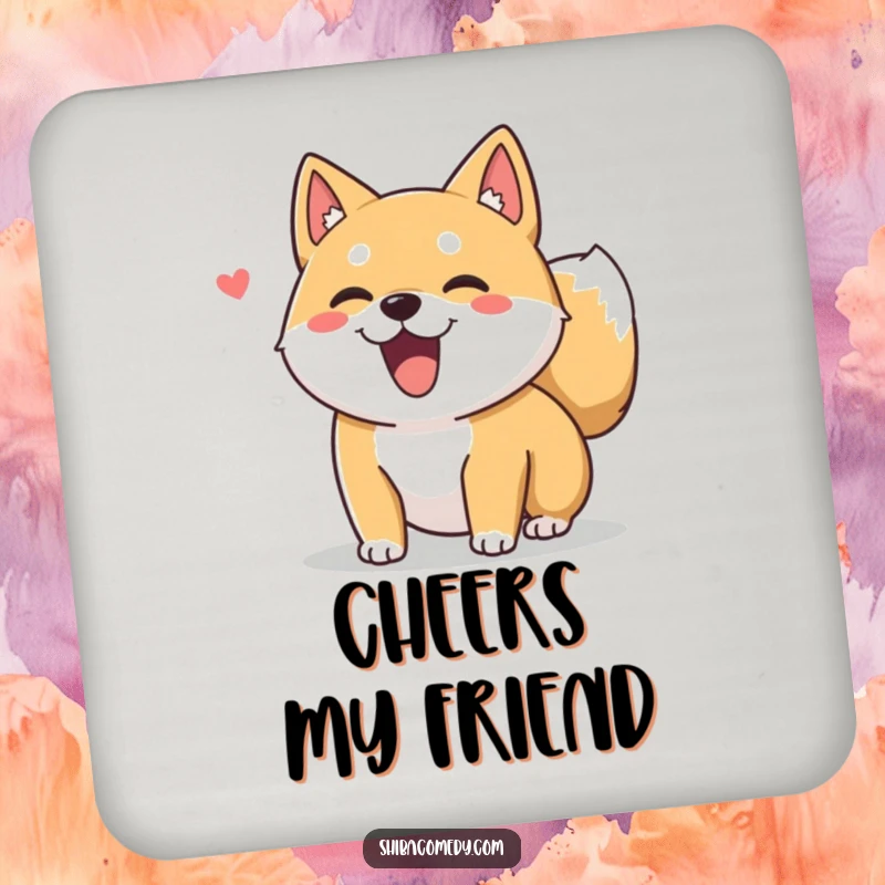 Funny Shiba Inu dog character with a fluffy tail wagging on a drink coaster, protecting surfaces with adorable cheer.