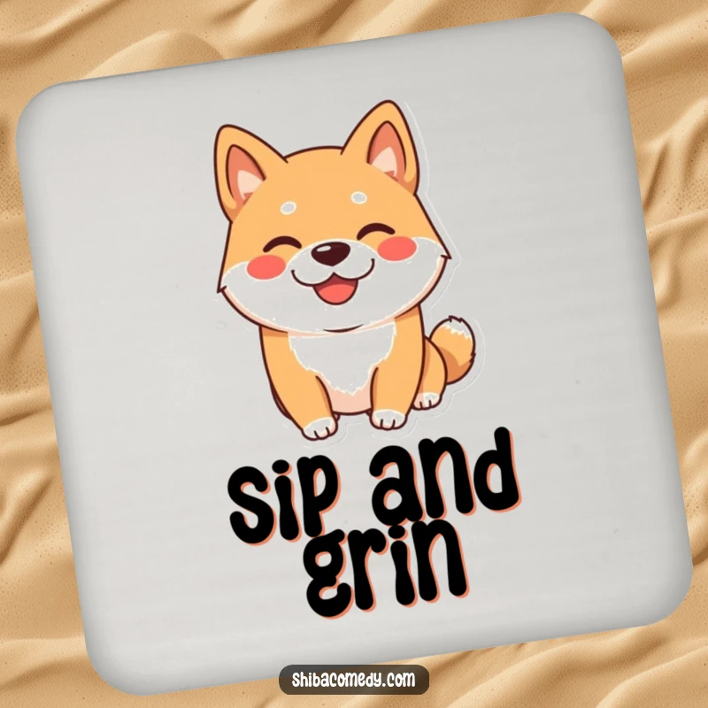 Funny Shiba Inu Coasters: A happy Shiba Inu dog with a wide, playful grin, protecting surfaces with canine charm.
