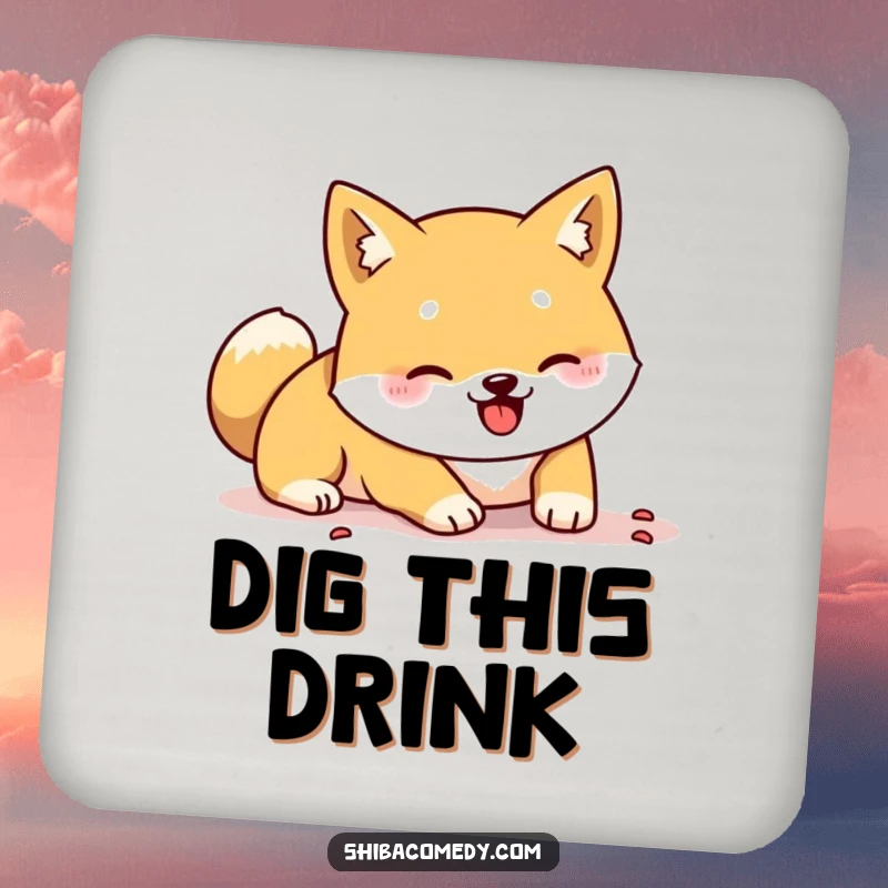 Funny Shiba Inu drink coaster featuring a dog digging energetically with its paws, adding humor and protection.