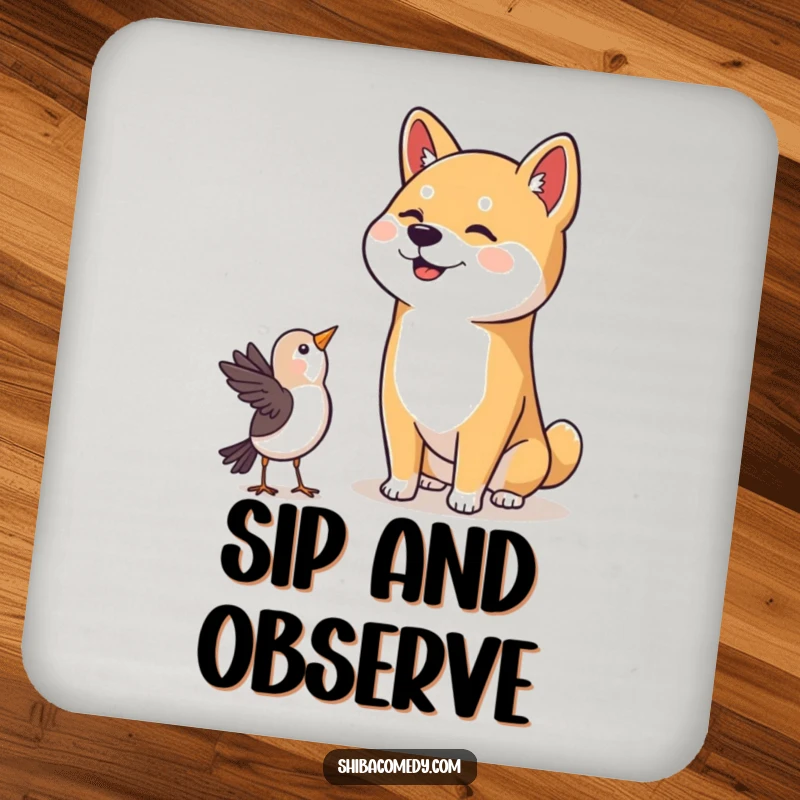 Funny Shiba Inu Coaster: A cute Shiba Inu with a happy head tilt is depicted, bringing humor and protection to drink surfaces.