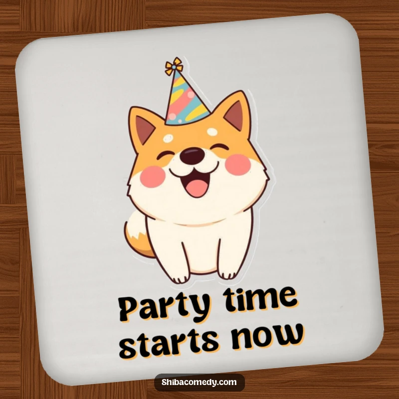 Funny drink coaster featuring a happy Shiba Inu dog in a party hat, wagging its tail, adding festive protection.