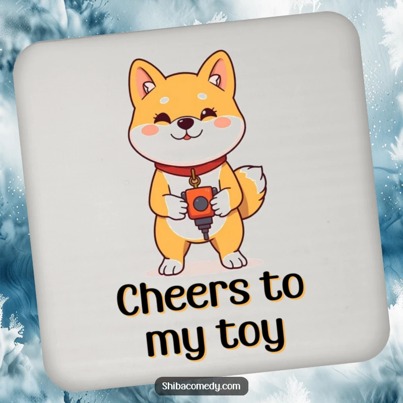 Funny Shiba Inu Coaster: A proud Shiba Inu stands with a toy, bringing humor and protection to drink surfaces.