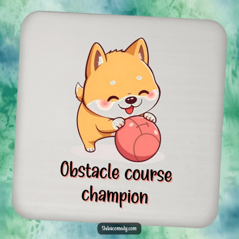 Funny Shiba Inu playfully nudging a rolling ball, a humorous coaster for table protection.