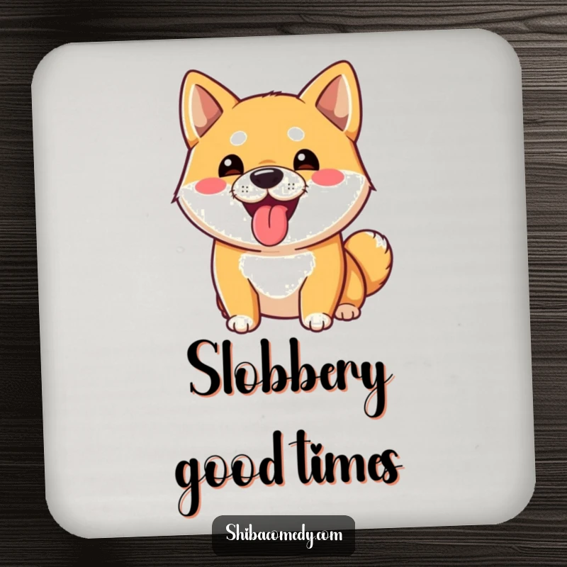 Funny Shiba Inu Coasters: A playful Shiba Inu dog sticks its tongue out, protecting surfaces with canine humor.