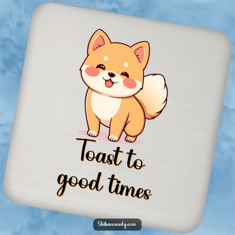 Funny Shiba Inu Coaster Set showing a happy dog wagging its fluffy tail, protecting surfaces with humor.