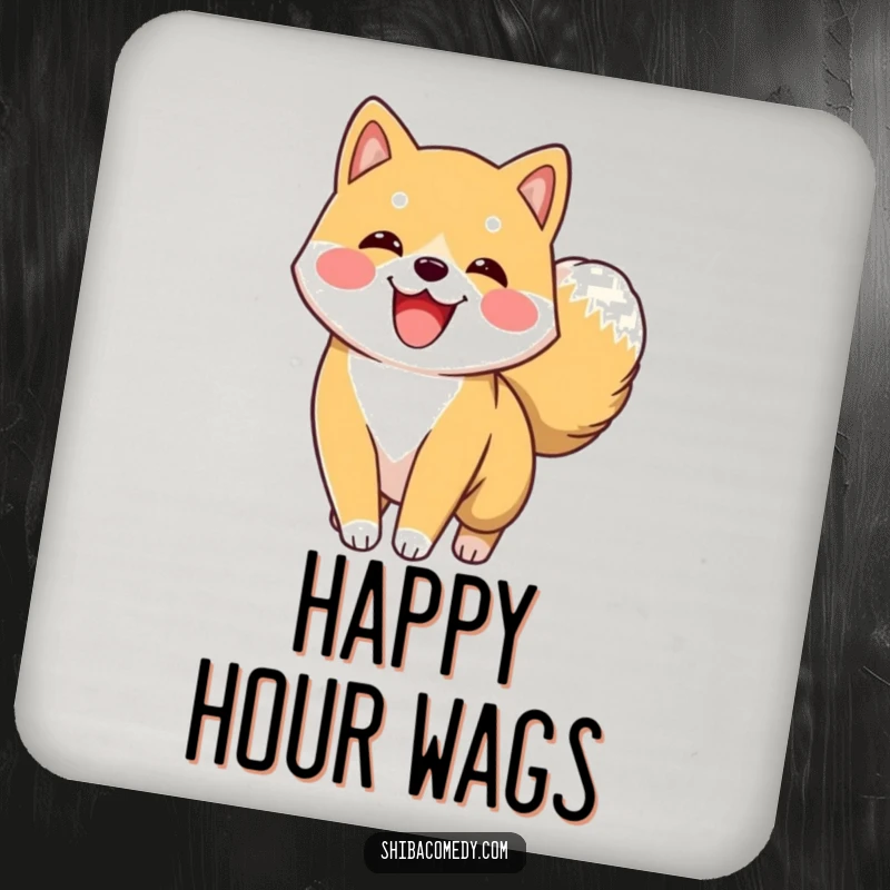 Funny Shiba Inu Coasters depicting an excited Shiba Inu character wagging its fluffy tail, perfect for protecting surfaces humorously.