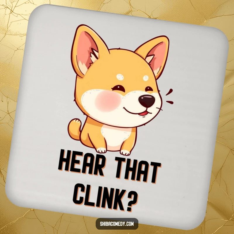 Funny drink coaster featuring a Shiba Inu dog with wide, alert ears, listening intently.