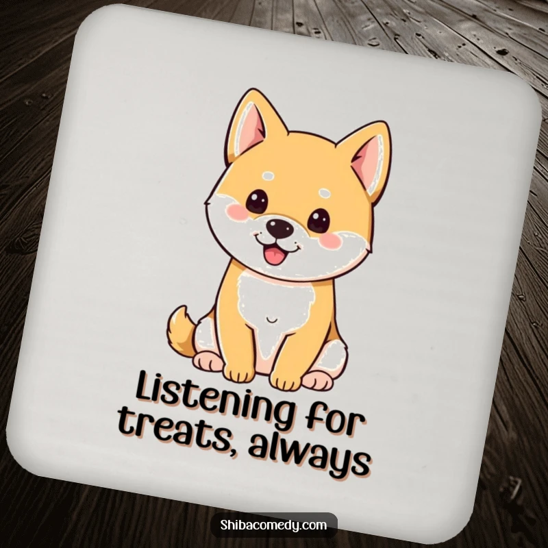 Funny Shiba Inu with perky ears sitting attentively, a humorous coaster for table protection.