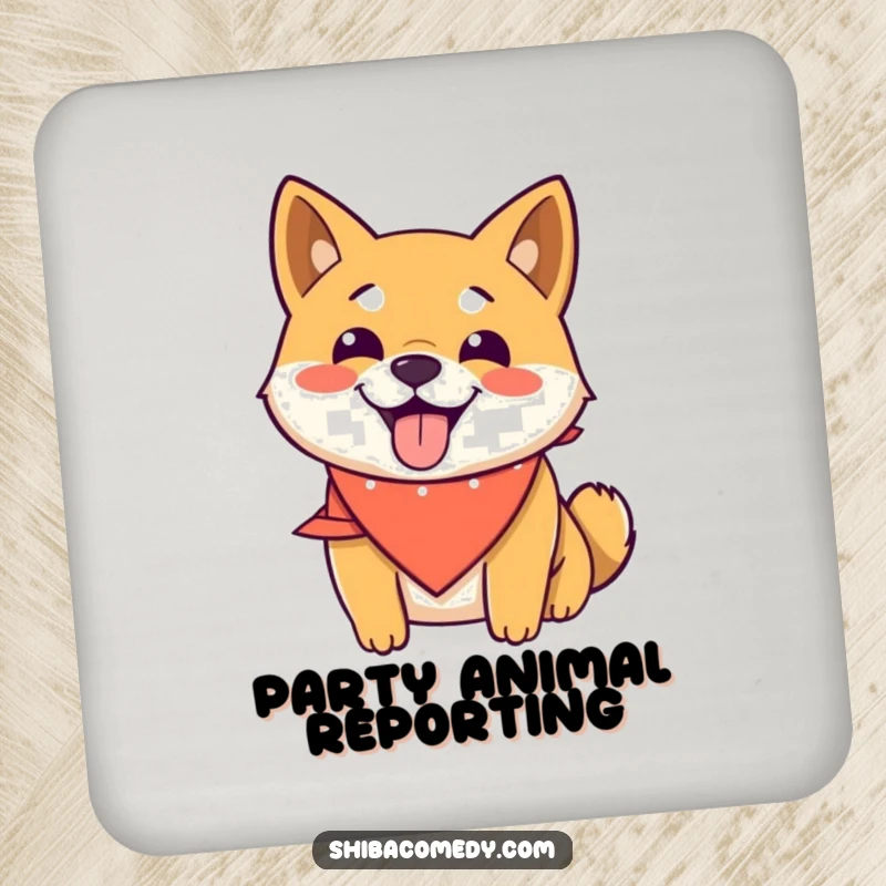 Funny Shiba Inu drink coasters featuring a smiling dog in a bandana, panting happily, offering protection with humorous charm.