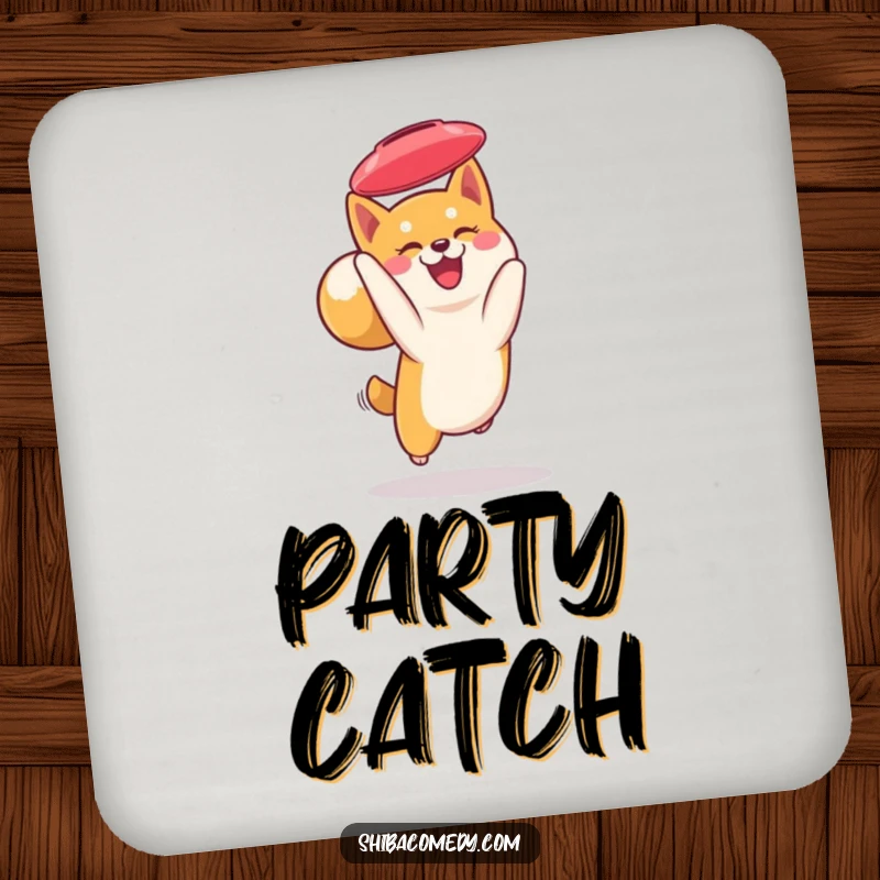 Funny Shiba Inu coaster: a smiling Shiba Inu catches a frisbee mid-air, protecting surfaces with playful charm.