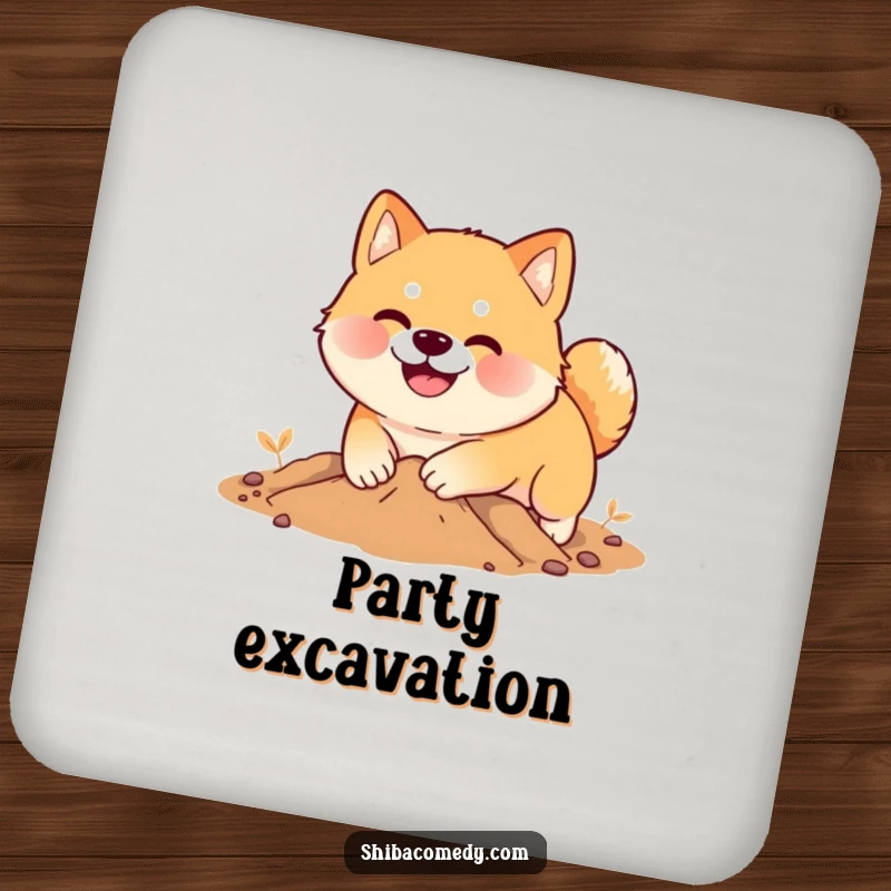 Funny Shiba Inu coaster, a smiling dog digs enthusiastically in soft earth, humorous drink protector.