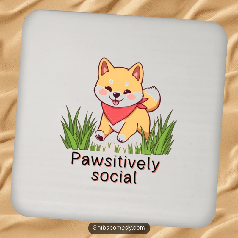 Funny Shiba Inu drink coaster featuring a happy dog in a bandana bounding through grass, adding a touch of playful humor.