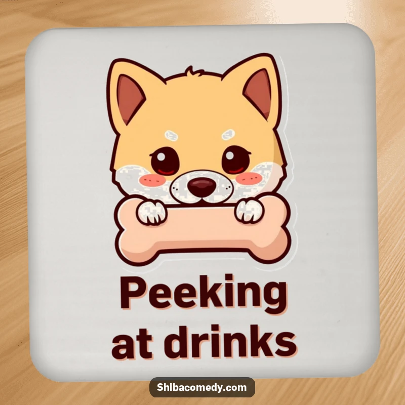 Funny Shiba Inu coaster set with a curious dog peeking from behind a bone icon, protecting surfaces with playful humor.