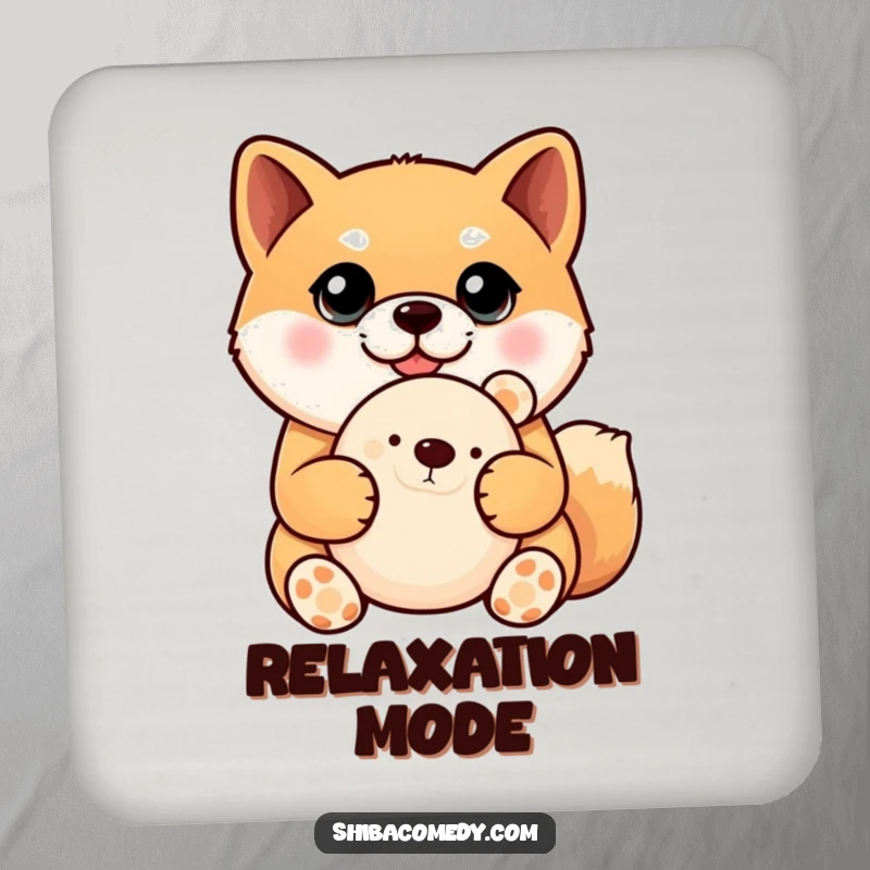 Funny Shiba Inu drink coaster showing a dog with massive eyes holding a plush toy, guarding your tables from spills.