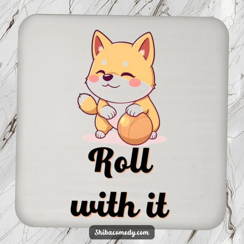 Funny Shiba Inu drink coaster with a playful dog nudging a rolling toy, adding fun to surfaces.