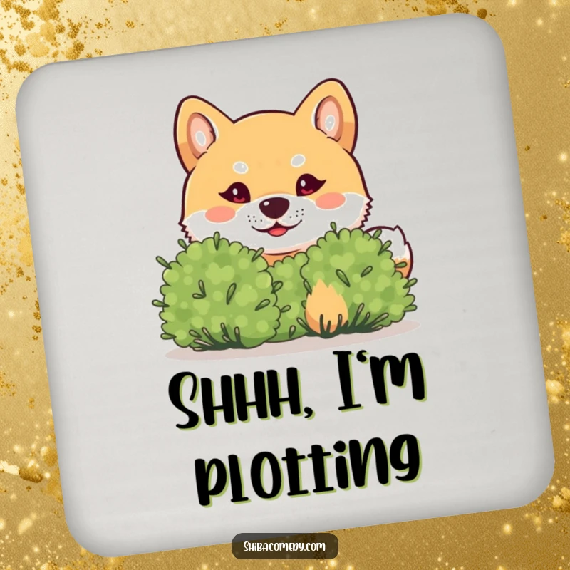 Funny Shiba Inu Coaster: A mischievous Shiba Inu peeks from a bush, bringing humor and protection to drink surfaces.