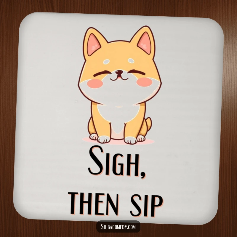 Funny Shiba Inu coaster set with a dog doing a hilarious, happy sigh, eyes closed, protecting surfaces with calm humor.