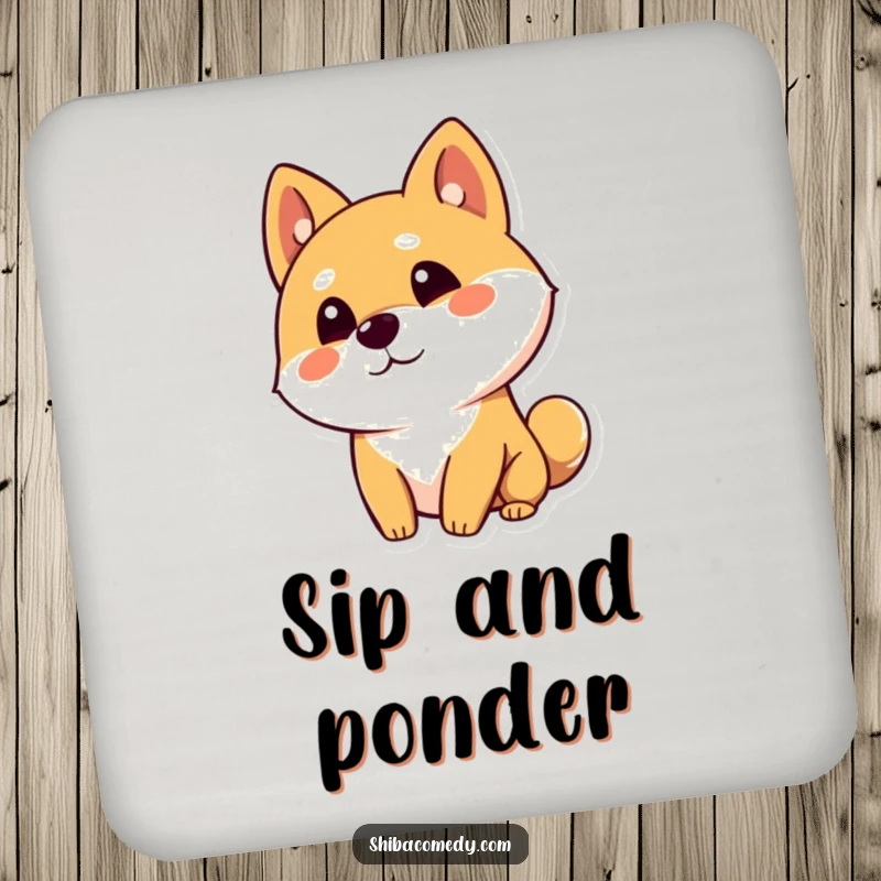 Funny Shiba Inu dog character tilting its head curiously with one ear up on a drink coaster, protecting surfaces with thoughtful charm.