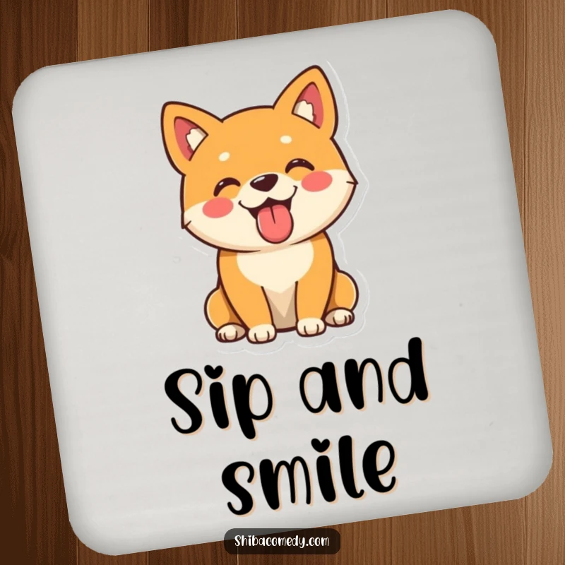 Funny Shiba Inu coaster showcasing a playful dog sitting with its tongue out, a cheerful and humorous way to protect surfaces.