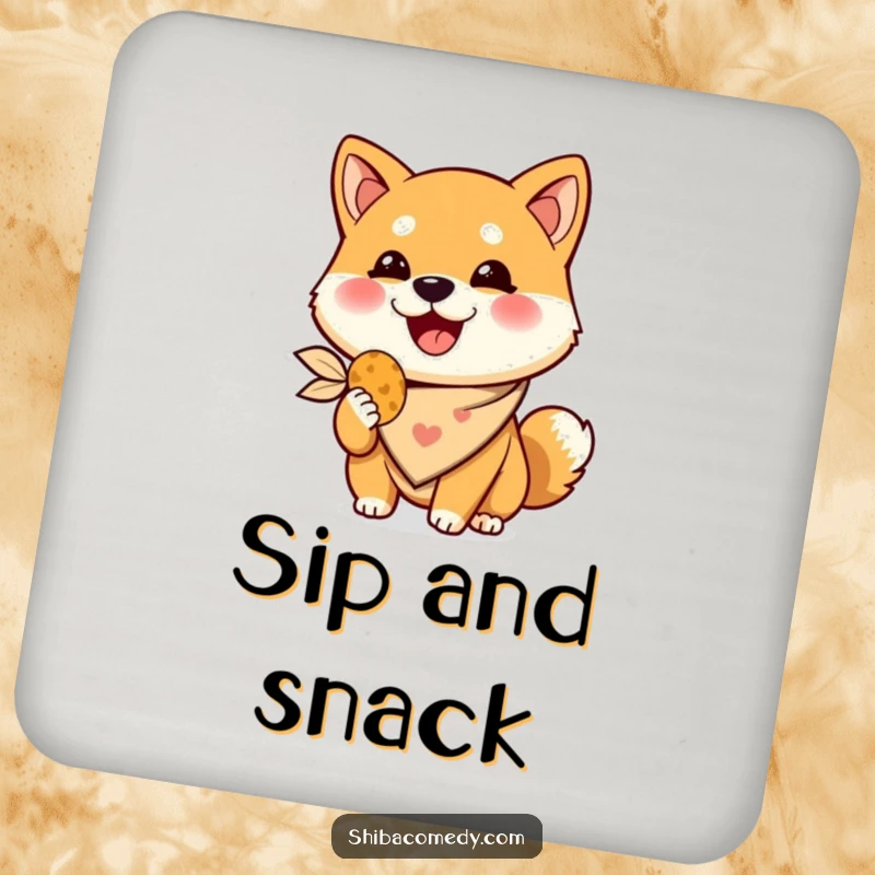Funny Shiba Inu coaster, a happy dog wearing a bandana holds a treat, humorous drink protector.