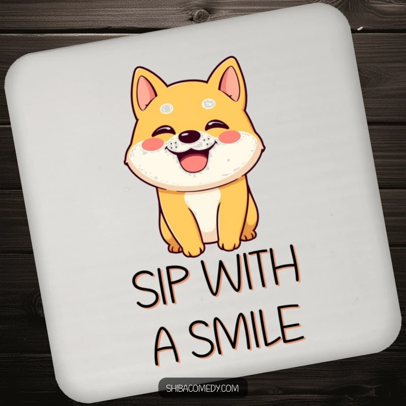 Funny Shiba Inu dog character with a wide grin and panting on a drink coaster, protecting surfaces with cheerful charm.