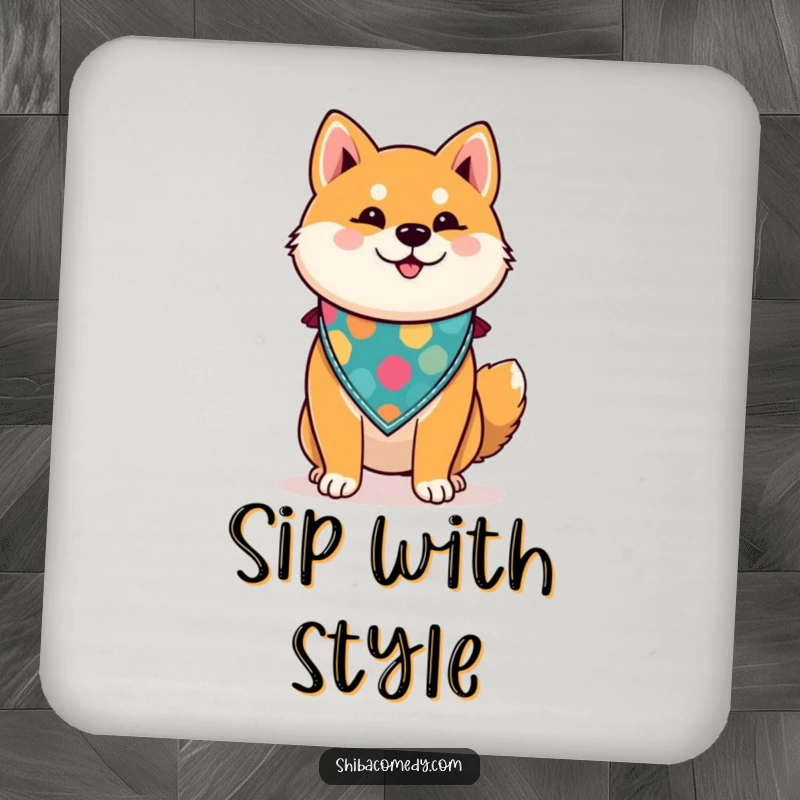 Funny Shiba Inu drink coaster featuring a proud dog with a colorful bandana, protecting surfaces with canine charm and humor.