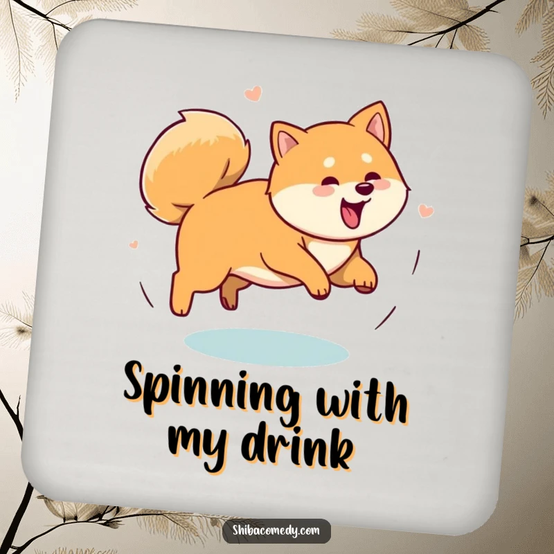 Funny Shiba Inu dog in a comical circular chase after its tail on a drink coaster, bringing playful doggy energy to any surface.