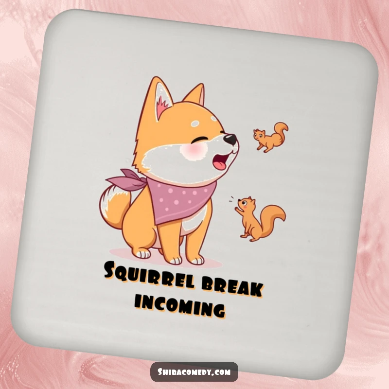 Funny drink coaster featuring a Shiba Inu in a bandana, barking at a squirrel, protecting surfaces with a dose of humor.