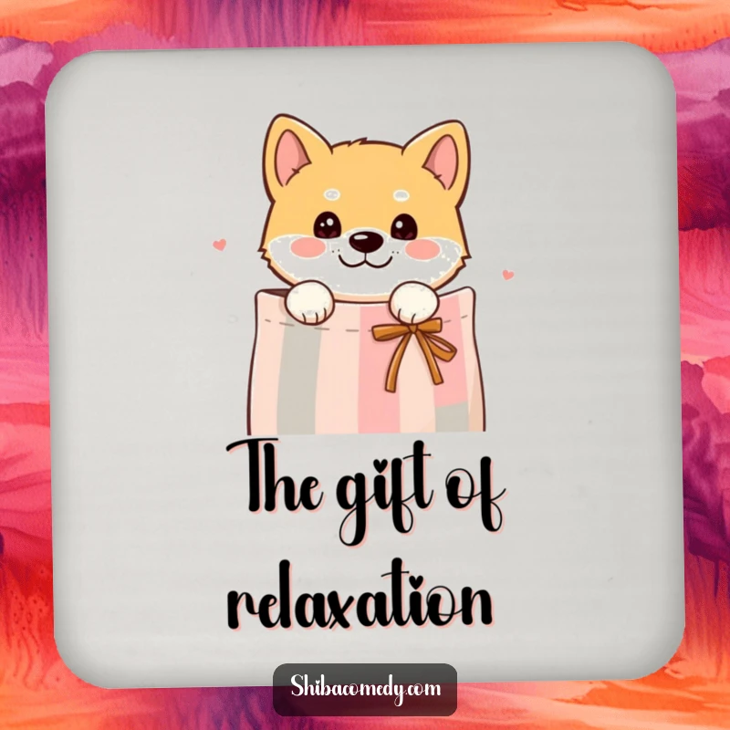 Funny drink coaster featuring a curious Shiba Inu dog peeking its head out from a gift bag, adding playful protection.