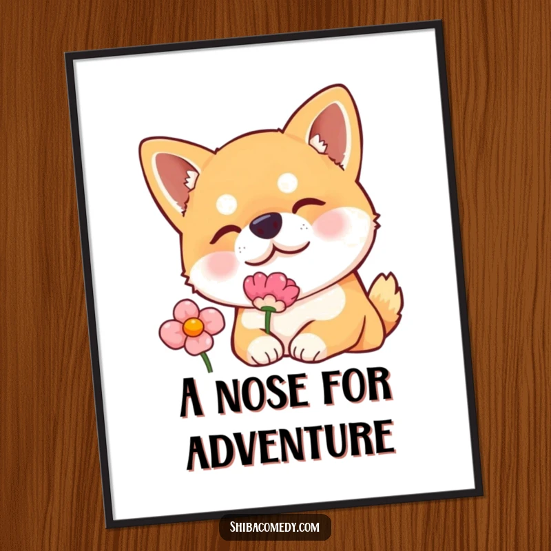 Funny poster print of a curious Shiba Inu dog tilting its head to smell a flower, adding gentle humor to any room.