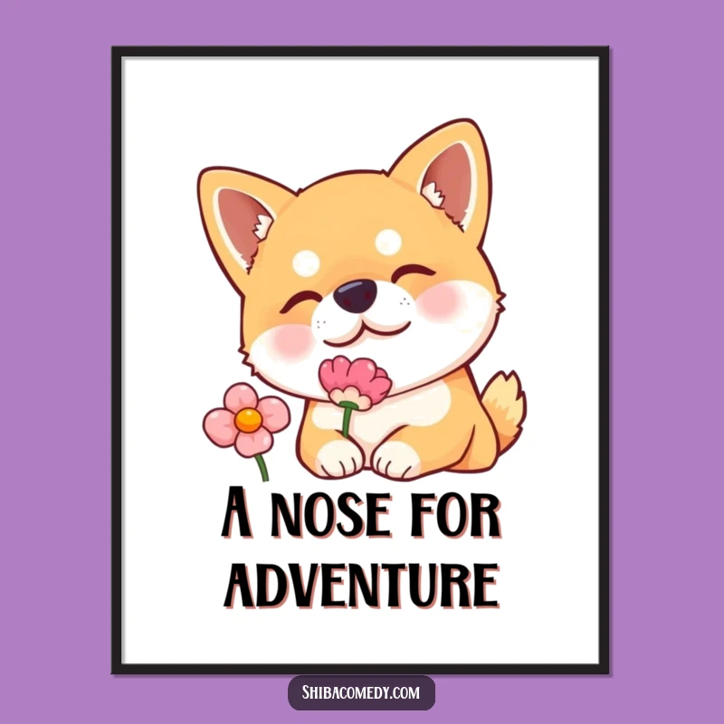 Funny Shiba Inu Poster: Curious Flower Sniffing Dog Art Print, Charming Gift