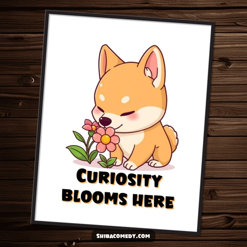 Funny Shiba Inu poster art of a curious dog with perked ears gently sniffing a colorful flower, radiating innocent, humorous delight.