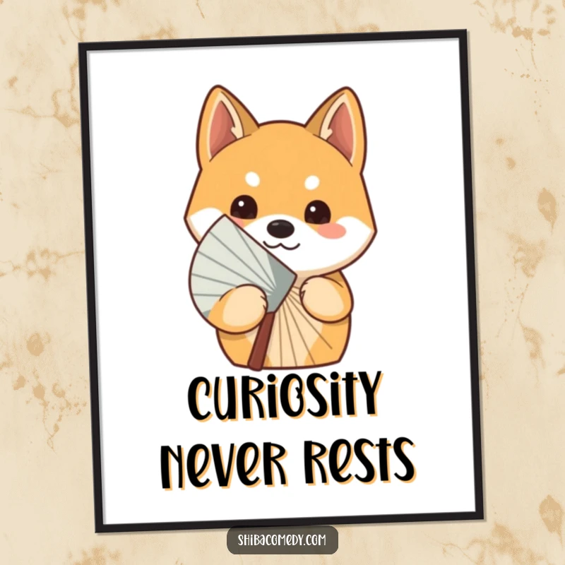 Funny curious Shiba Inu dog peeking slyly from behind a fan, presented in a poster to add a touch of playful mystery.